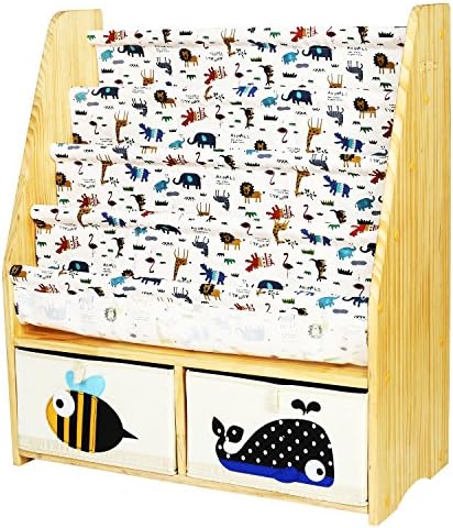MallBoo Solid Wood Kids Toy Sling Bookcase Book Rack Corner Bookshelf (Whale-Bee(A))