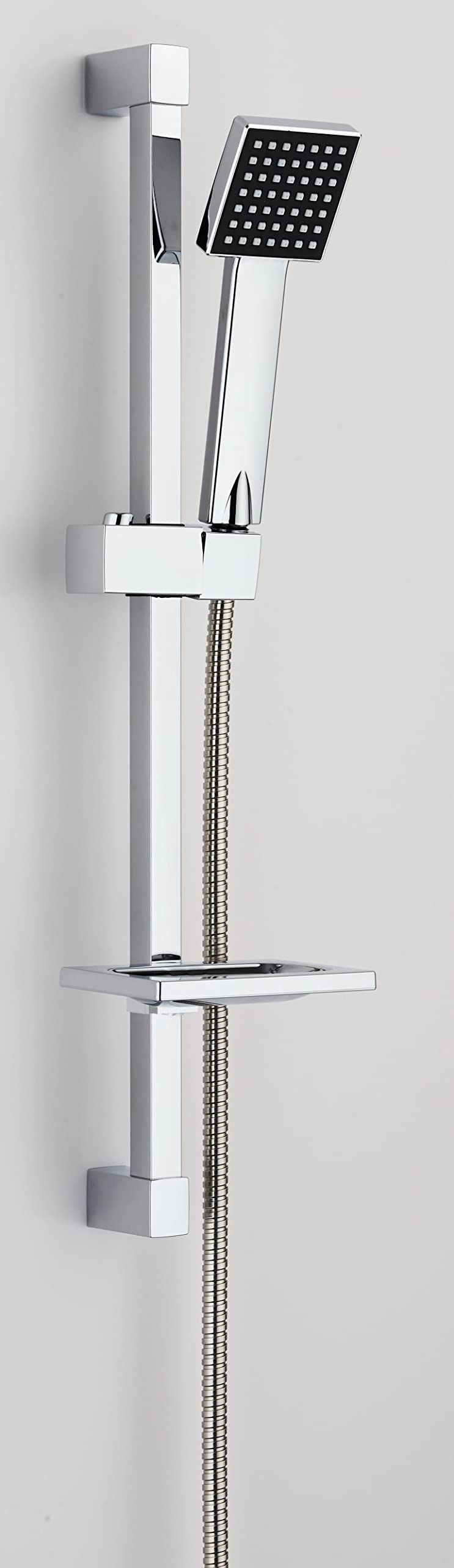 VeeBath Square Shower Riser Rail Kit, Wall Mounted Shower Slide Bar with Soap Dish Bracket Chrome Adjustable Shower Head Holder Bar for Bathroom