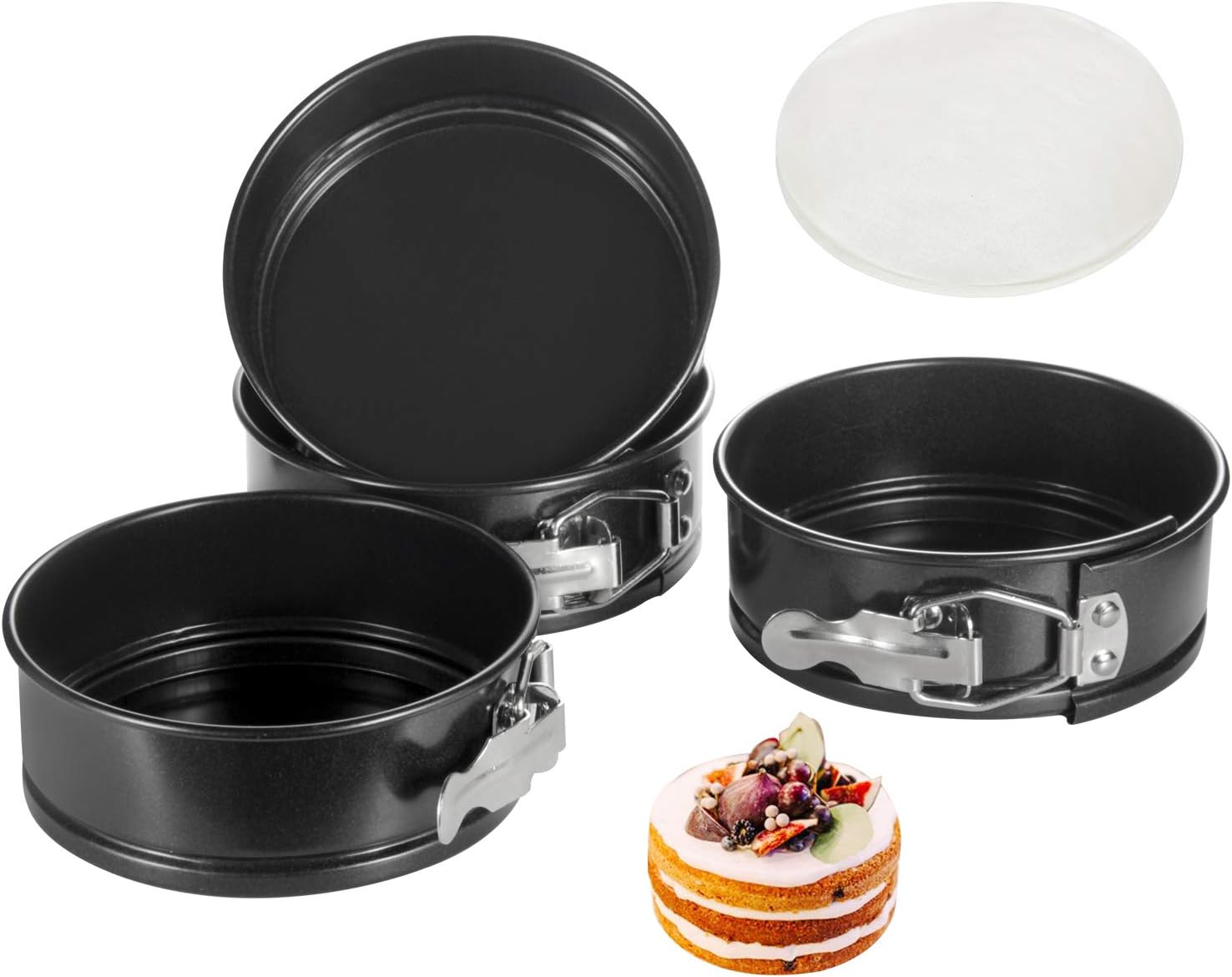 Springform Pan, 4.6 Inch Nonstick Cake Pan, Set of 4, with 50 PCS Paper Liners. Leak-proof Baking Pan for Mini Cheesecakes, Pizzas, Quiches.: Kitchen & Dining