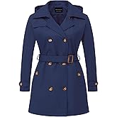 CREATMO US Women's Plus Size Trench Coat Double-Breasted Classic Lapel Overcoat Belted Outerwear Coat with Detachable Hood
