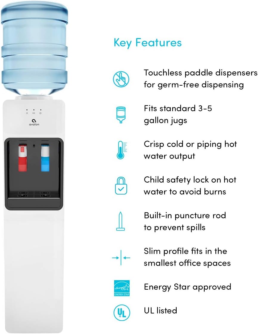 Avalon A1WATERCOOLER A1 Top Loading Cooler Dispenser, Hot & Cold Water, Child Safety Lock, Innovative Slim Design, Holds 3 or 5 Gallon Bottles-UL/Energy Star Approved, White: Appliances