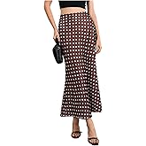 MakeMeChic Women's Summer Long Satin Skirts Polka Dots Silk Elegant High Waisted Flowy A Line Cocktail Midi Skirt