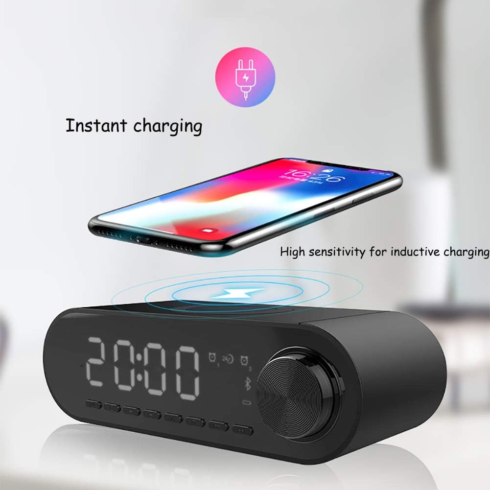 WFGT QI Wireless Charging Alarm Clock Radio Bluetooth Speaker Mains Powered Alarm Dimmable Display with Qi Wireless Charger and Thermometer for iPhone Samsung,Black