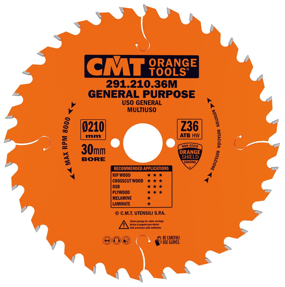CMT 291.210.36M General Purpose Saw Blade and 8-1/4-Inch by 36 Teeth 15-Degree ATB with 30mm Bore