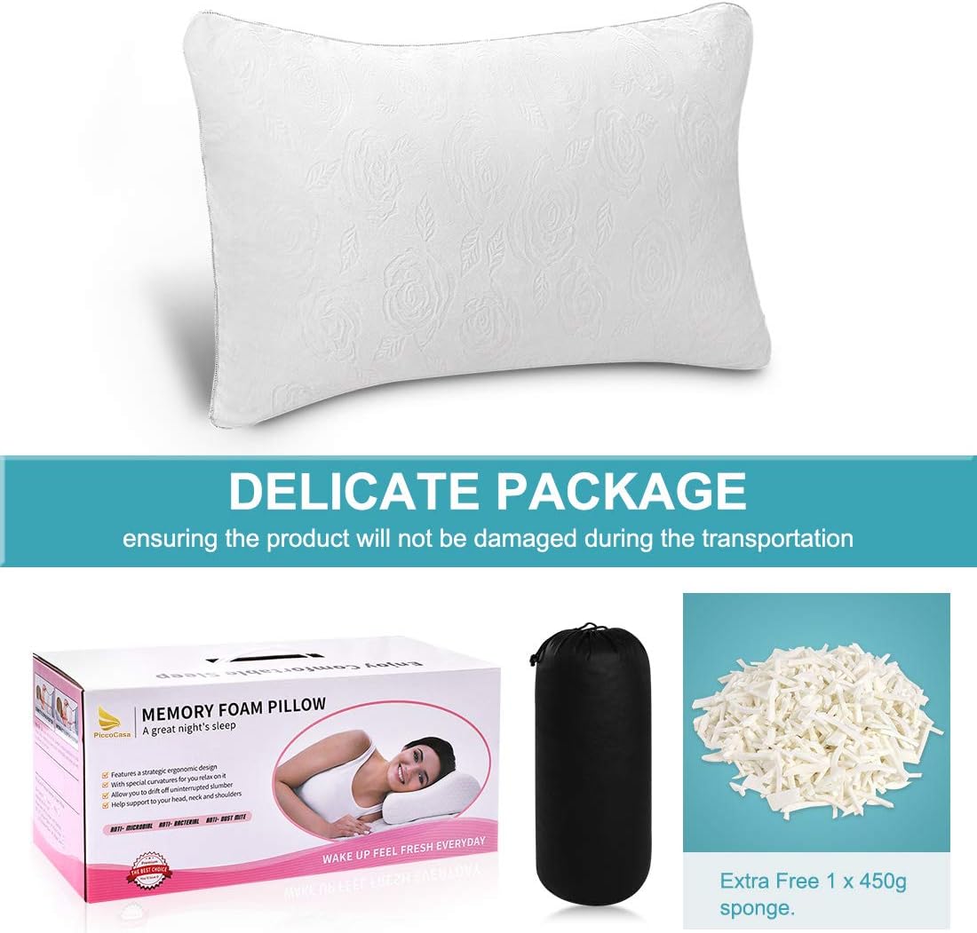 PiccoCasa Shredded Memory Foam Pillow for Sleeping, Adjustable Loft Pillow for Stomach Side Back Sleepers, Super Soft Washable Removable Plush Cover, with Extra Filling, King 1 Pack: Kitchen & Dining