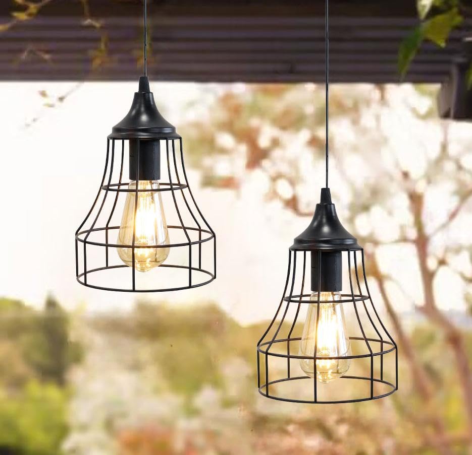 Photo 1 of JHY DESIGN Hanging Lamp Set of 2 Battery Powered Decorative Pendant Lamp Metal Cage Battery Lamp with 6 Hours Timer for Bar Bedroom Garden Parties Patio Indoor Outdoor Living Room(Geometry)