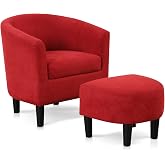 INZOY Modern Accent Chair with Ottoman for Small Space, Club Chair with Ottoman Set, Comfy Fabric Barrel Reading Chairs for Living Room Bedroom, Round Reading Chair with Foot Rest, Red