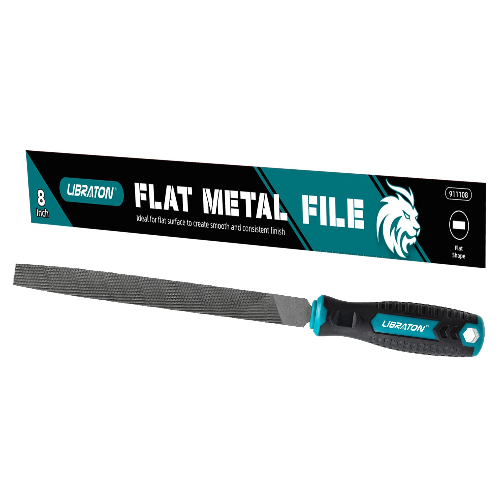 LIBRATON 8-Inch Flat Metal File, Metal File Tool, High Carbon Steel File with Ergonomic Handle, Hand File for Metal, Metalworking, Wood, Plastic, Flat File for Refining, Shaping and Scraping