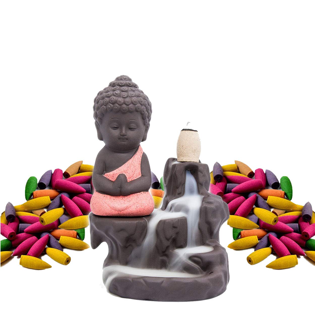 Incense Burner Backflow Set Mixed Aromatherapy Tower Cones Sticks Holder Ceramic Waterfall Buddha Monk Ash Catcher -IN007 Red (70 Variety Cones& Holder)