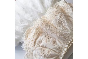Yalulu 2 Yards Cotton Ruffle Trim Eyelet Lace Fabric for Sewing Embroidery, Dresses, Baby Clothes, DIY Craft (Beige)