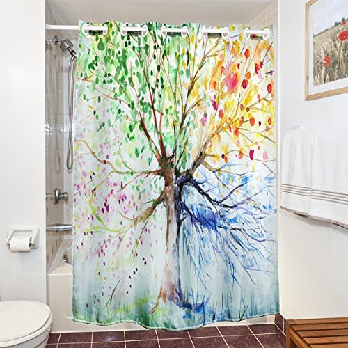 Victrax Shower Curtain Resistant Mildew Waterproof Antibacterial Soft Fabric Colorful Tree Decoration Bathroom (72 x 72 Inch, Hookless)