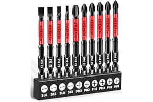 RLVKEAZ 10-PCS 3" Long Magnetic Screwdriver Bits Set: Phillips Bits #1/#2/#3 & Slotted Head - S2 Alloy Steel, 1/4" Hex Shank for Impact Driver, Power Drill - Pro & DIY