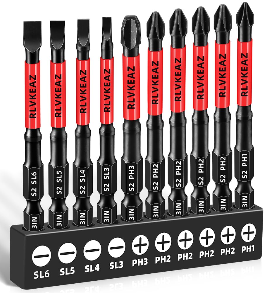 Photo 1 of 10-PCS 3" Long Magnetic Screwdriver Bits Set: Phillips Bits #1/#2/#3 & Slotted Head - S2 Alloy Steel, 1/4" Hex Shank for Impact Driver, Power Drill - Pro & DIY