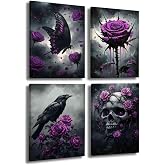 LZIMU 4Pcs Gothic Wall Art Romantic Rose Picture Raven Crow Butterfly Skull Canvas Print Dark Goth Horror Aesthetic Poster Black White Painting Halloween Home Decor (Purple, (8x12inx4 Pieces))