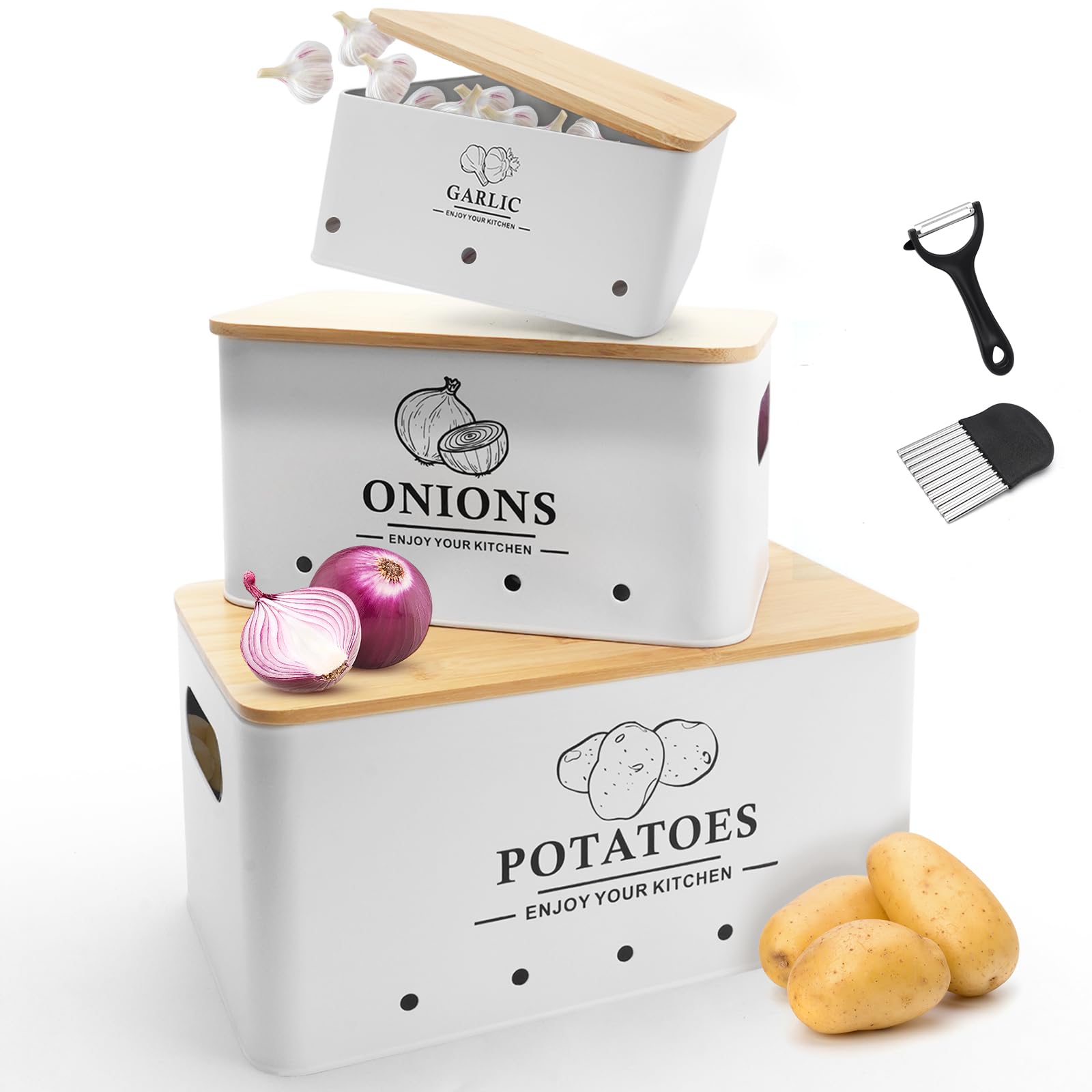 Photo 1 of Dekosilave Kitchen Vegetable Storage Set of 3, Metal Onion Garlic Potato Storage Set, Kitchen Canisters Vegetable Keeper Containers with Aerating Holes and Wooden Lid (White)