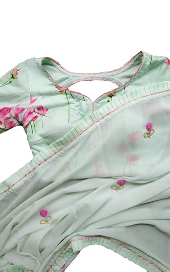 Women's Georgette Saree with Printed Blouse (Sea Green)