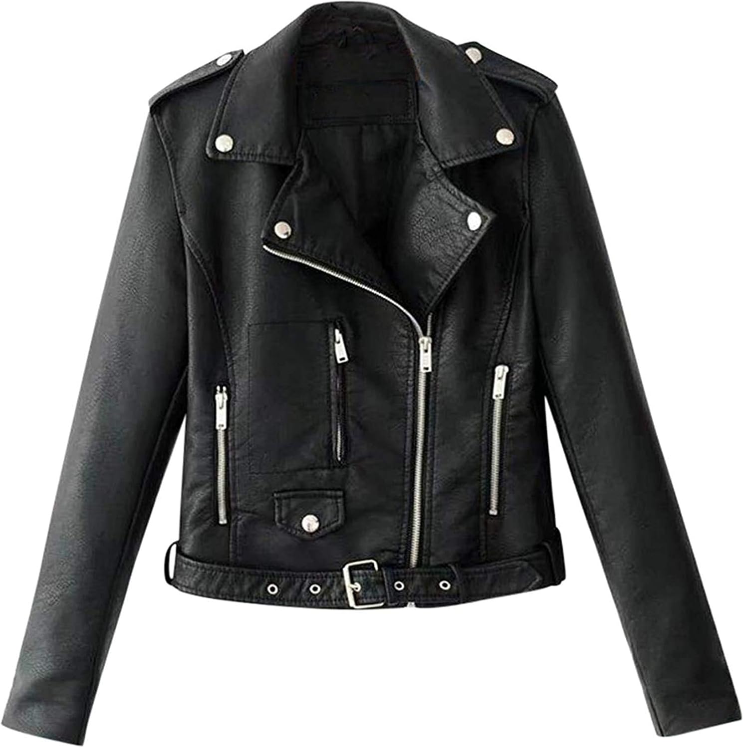 AQQYA Chaqueta Corta De Piel Sintética Para Mujer Con Cinturón Y Cremallera Para Motociclista, Color1