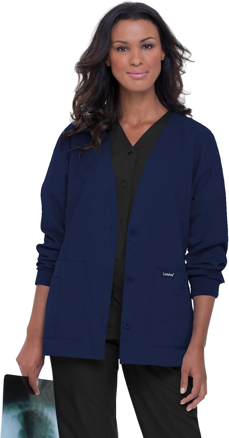 Amazon Com Landau Essentials 5 Pocket Cardigan Style Warm Up Scrub Jacket For Women Clothing