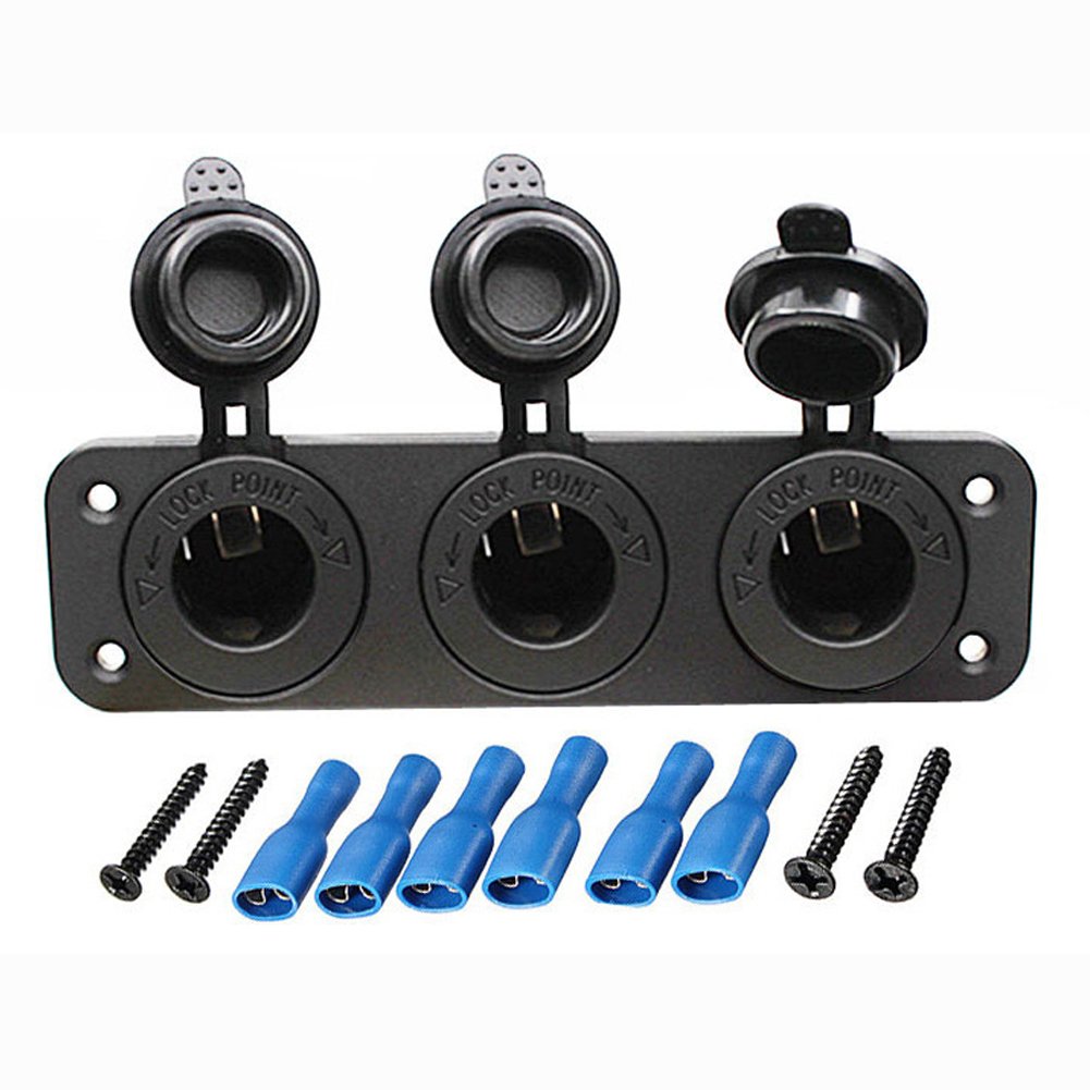 Carviya Waterproof Motorcycle Three Car Cigarette Lighter Splitter 12V Charger Power Socket Adapter Plate Panel Mount 3 Hole + 4 Screws 4 Screw Caps