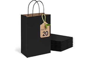 MESHA Black Paper Gift Bags 5.25x3.75x8 Inch 20pcs Small Paper Kraft with Handles Bulk,Grocery Shopping Wedding Party Favor Bag
