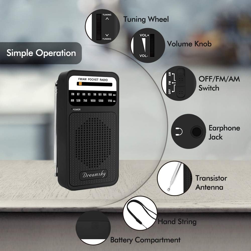DreamSky Pocket Radios, Battery Operated AM FM Radio with Loud Speaker, Great Reception, Earphone Jack, Ideal Gifts for Elderly, Portable Transistor Radio for Walking, Camping: Home Audio & Theater