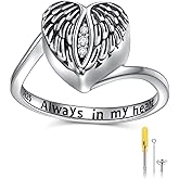 FLYOW 925 Sterling Silver Angel Wings Urn Heart Ring Hold Loved Ones Ashes Always in My Heart Keepsake Memorial Jewelry Oxidation Effect Cremation Rings for Women Girls