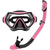 Snorkeling Gear for Adults, JRing Snorkel Mask Set with 180 Degree Tempered Glass Anti Fog Goggles Scuba Dry Top Snorkel for Swimming, Scuba Diving Mask for Men Women(Pink)