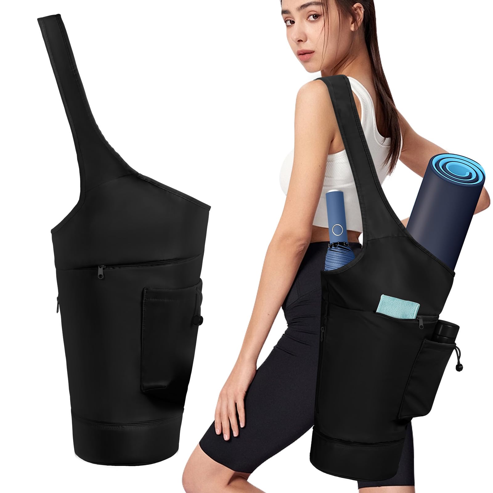 Aucuu Large Waterproof Yoga Mat Bag with Bottle Pocket and Wet Compartment, Portable Yoga Mat Carry Bag with Large Size Pocket, with Adjustable Strap for Women & Men, Black