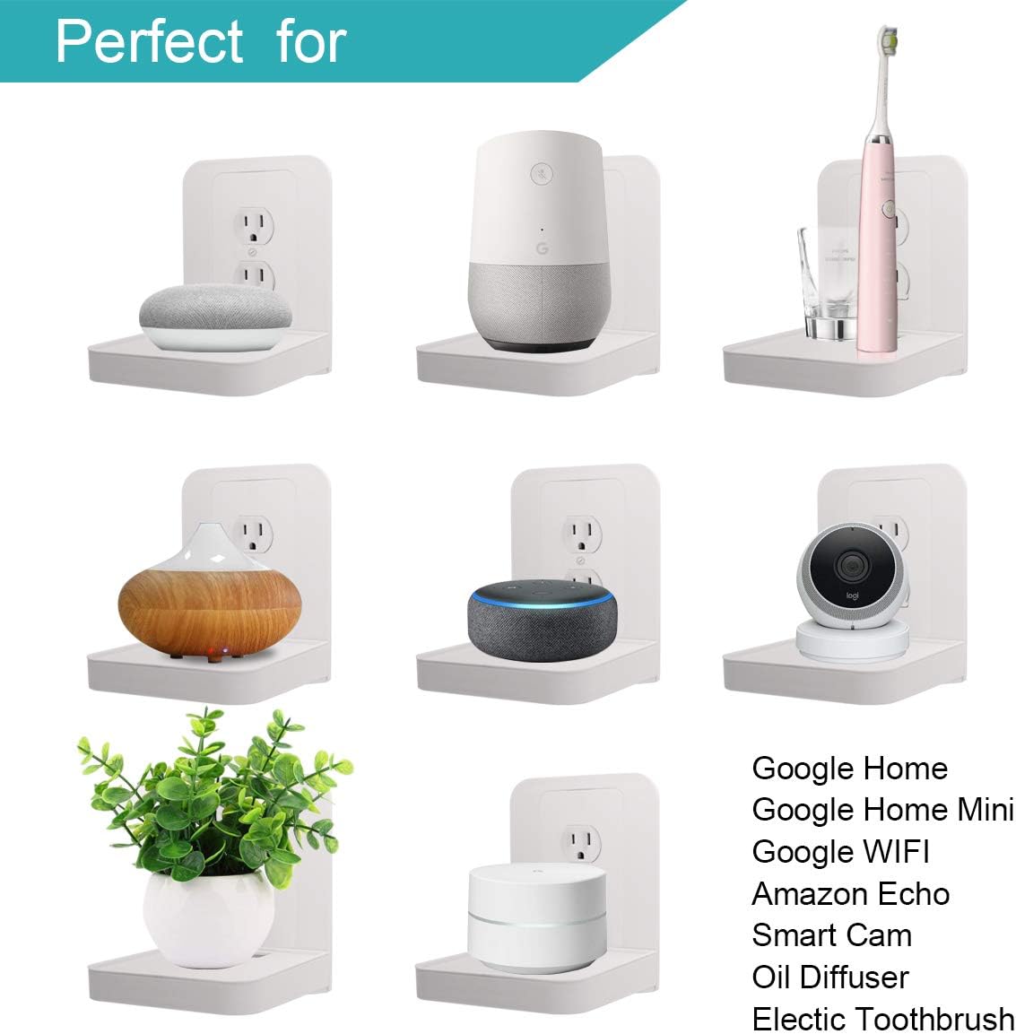 ALLICAVER Outlet Shelf, Power Perch with Built-In Cable Management, A Space Saving Solution for Google Home, Smart Speakers, Cellphones, Electric Toothbrush and More (White-standard) - - 