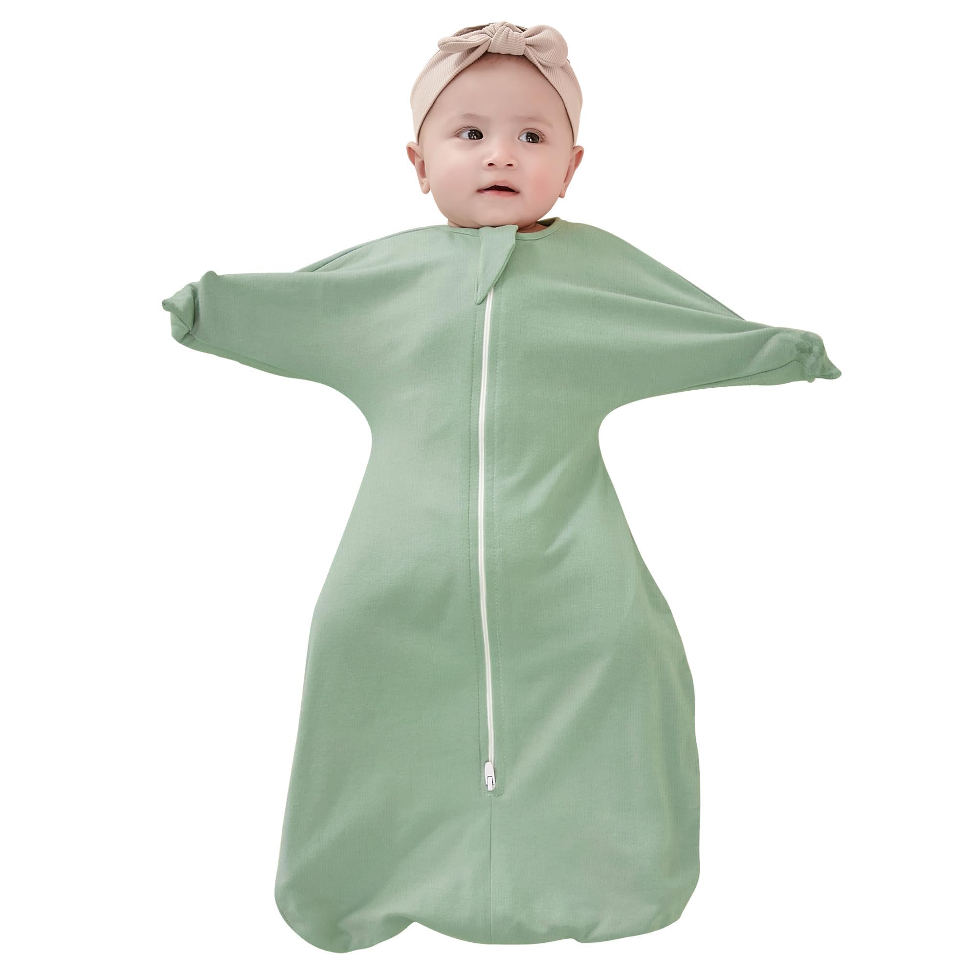 Photo 1 of ZIGJOY Shark-Fin Transition Swaddle - 1.0 Tog Baby Sleep Sack 6-12 Months Soft Cotton Transitional Swaddle Baby Wearable Blanket with 2-Way Zipper, Classic Green