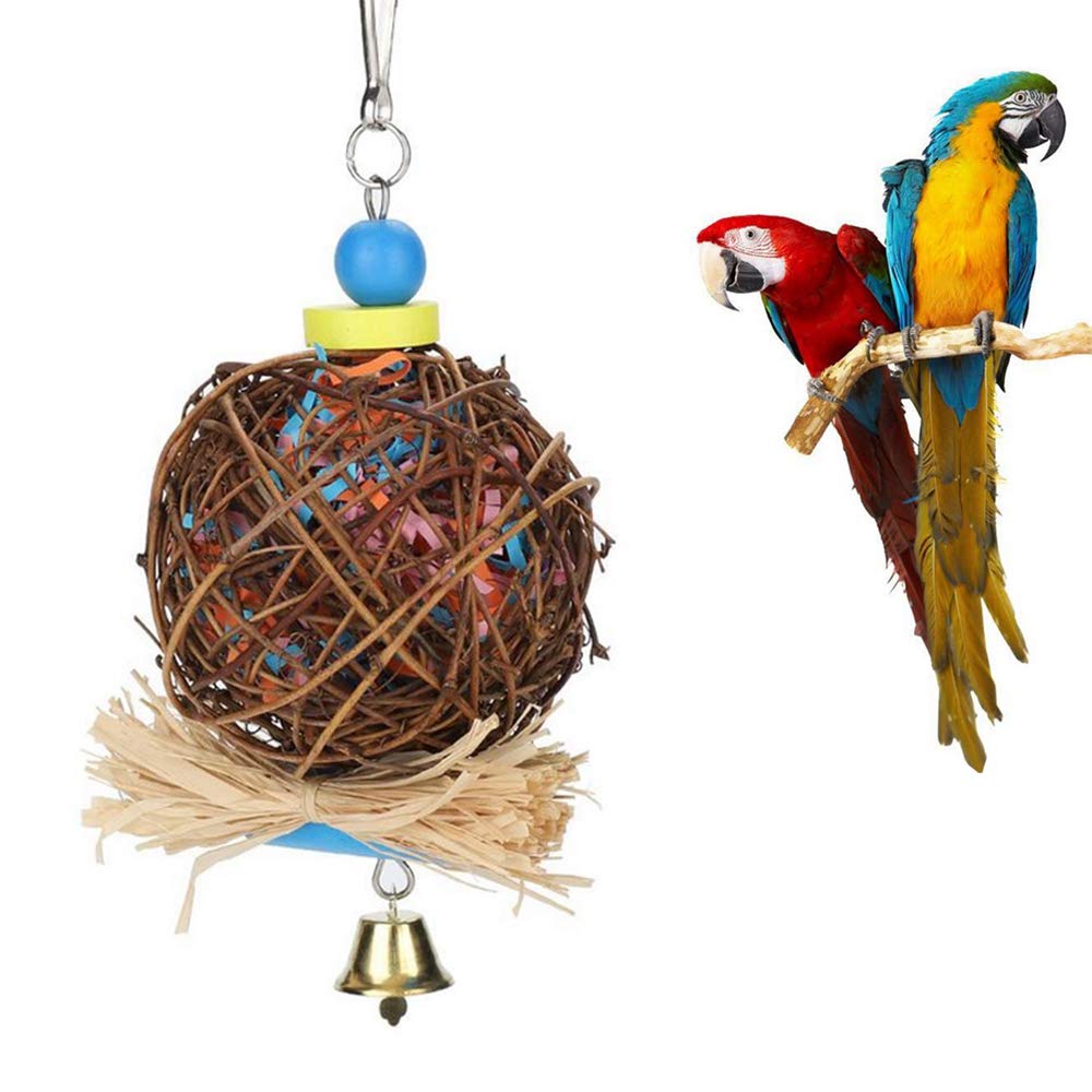 Natural Rattan Bird Shredders & Swing - Woven Bamboo Toys with Metal Bell & Paper Strips for Parakeets & Parrot Perching