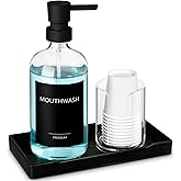 TOLDATLI Mouthwash Dispenser for Bathroom, Glass Mouth Wash Pump Dispenser with Cup Holder, 17 Fl Oz Mouthwash Bottle Decanter with Tray, Refillable Mouthwash Dispenser Container