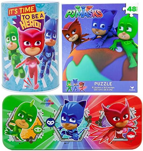 Meet Toys PJ Mask Gift Set | Large Penny Coin Bank with Removable Top + 48 Pieces Puzzle + Tin Pencil Case | Summer &amp; Spring Toys School Supply Birthday Gift (Color May Vary)