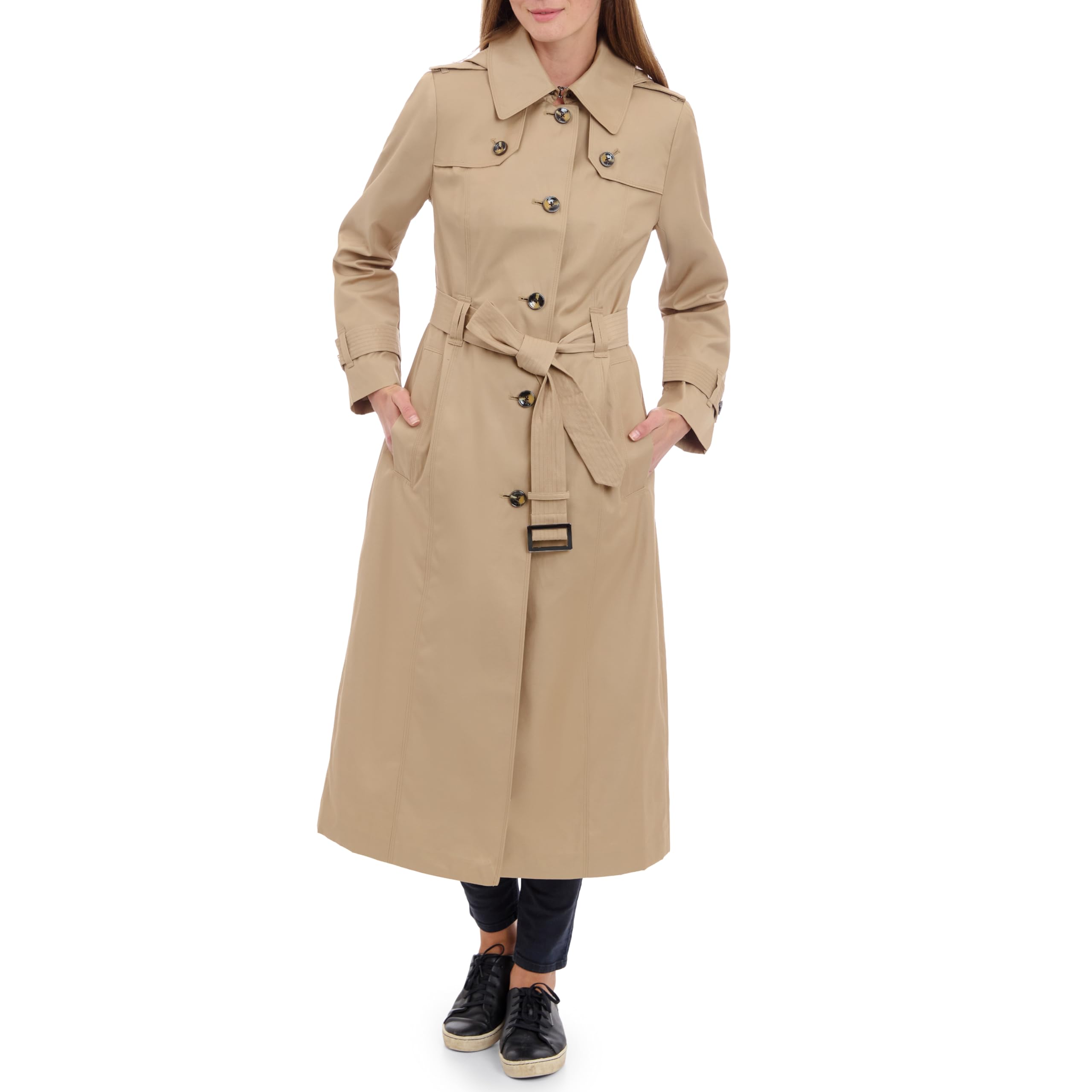 London Fog Women's Single Breasted Long Trench Coat with Epaulettes and Belt, British Khaki, XL Image