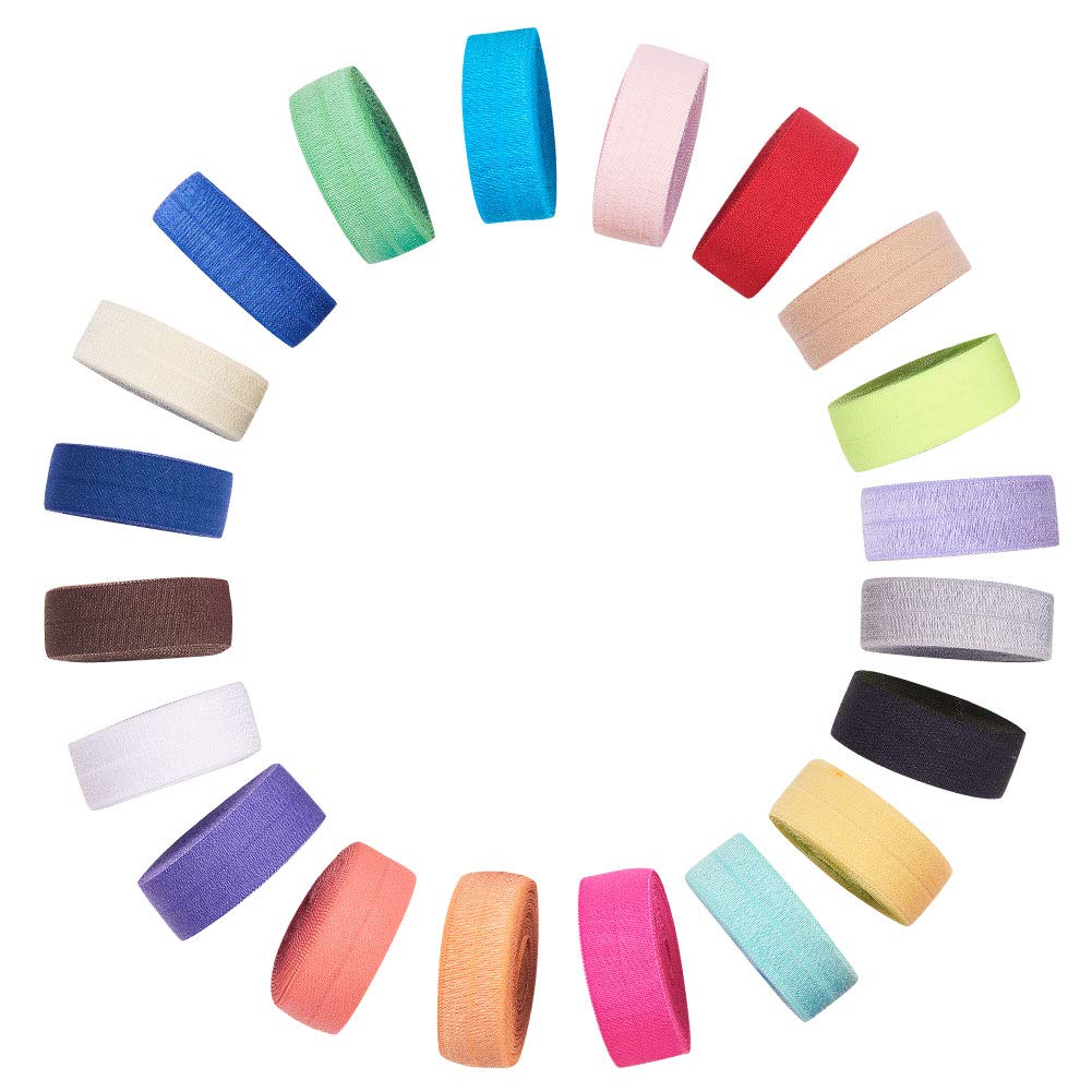 WANDIC Elastic Ribbon, 20 Pcs Sewing Non-Glittering Fold-over Stretch Band for Hair Ties Headband Clothes Dress Decor, 20 Colors 1 Yard/PC
