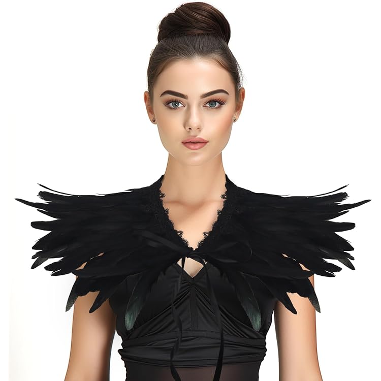 Capa De Plumas Negras Con Reflejos Verdes, Chal De Plumas Naturales Para Disfraces Góticos, Halloween Y Cosplay