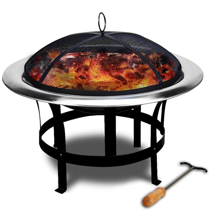 Deuba Feuerstelle Edelstahl | Ø 75cm | Feuerhaken | Funkenfluggitter | Grillstelle Feuerschale Grillschale Feuerkorb