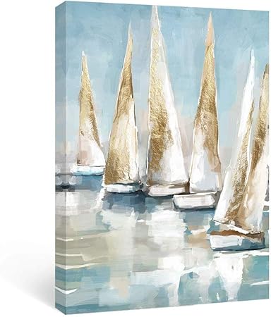 Amazon Adecuado 海 壁アート ヨット アートワーク 船 キャンバス 絵画 航海 絵 ゴールド ボート 海 装飾 アート 海岸 プリント すぐに掛けられる バスルーム 寝室 リビングルーム 12x16インチ インテリア オンライン通販