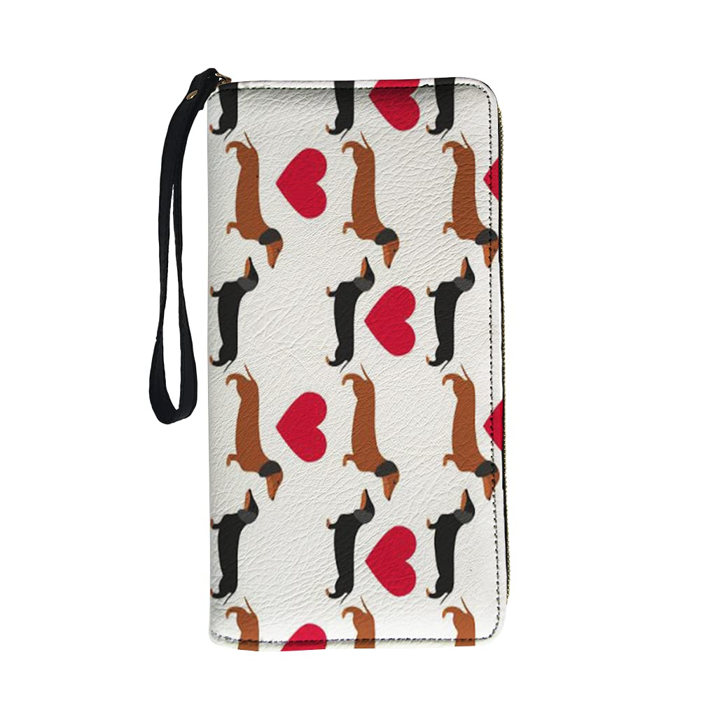 Jeiento Women's Leather Zip Around Wallet Clutch with Wristlet Strap Dachshund Design Large Capacity