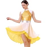 AFAVOM Metallic Color Block Praise Dance Overlay Dress for Women Asymmetrical Ruffle Worship Tunic Dress Liturgical Dancewear