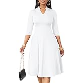 FANDEE Church Dresses for Women, Casual 3/4 Sleeve A-line Fit and Flare Dresses V Neck