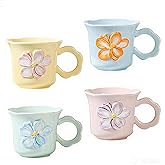 LGQ Cute Floral Coffee Mug Set of 4-12oz Ceramic Flower Embossed Cups with Petal Handles, Dishwasher and Microwave Safe