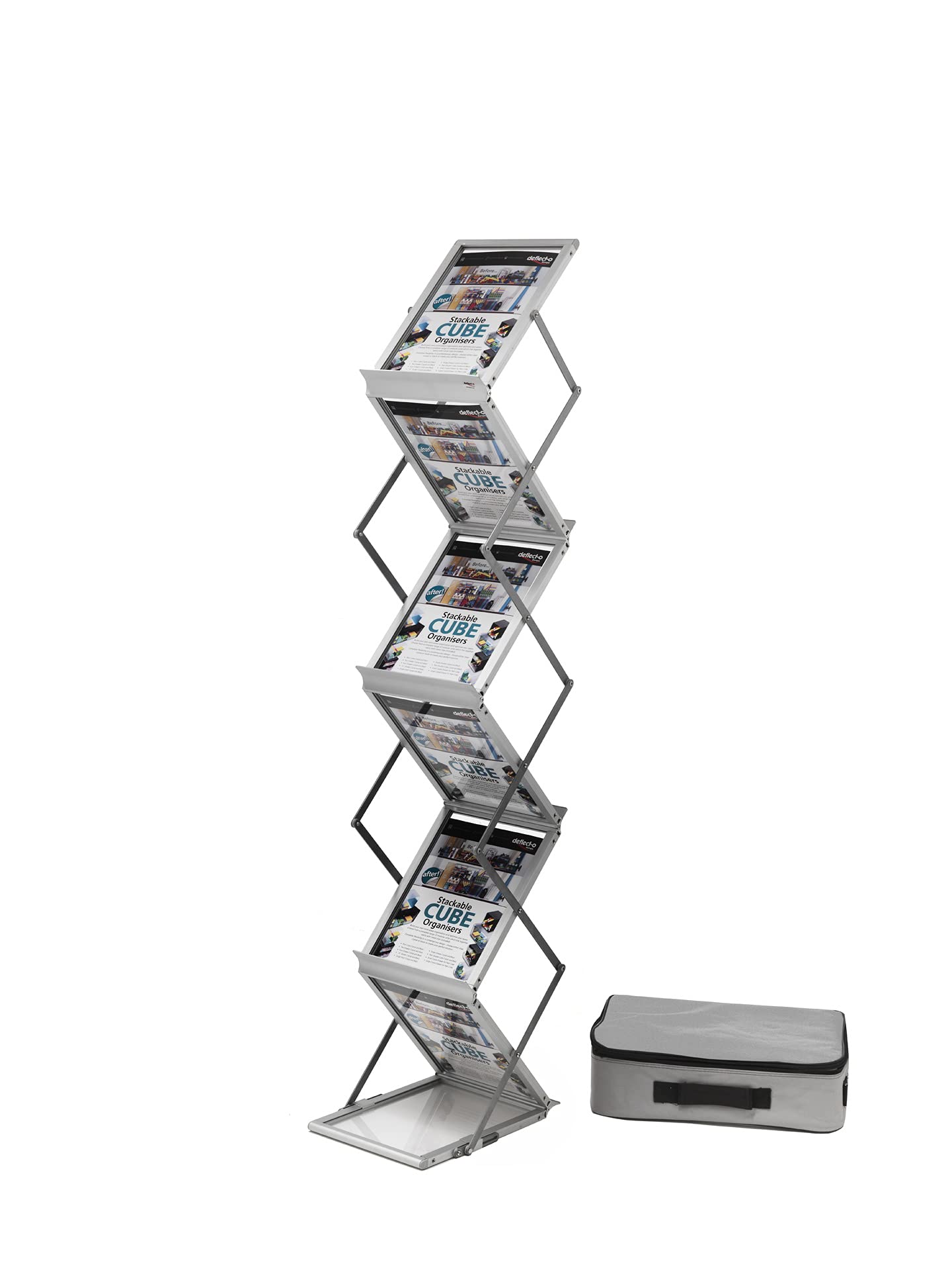 Deflecto Foldable A4 Literature Display Stand Portrait - 6 Shelf for Exhibition, Brochure, Magazine File Holder - Lightweight Aluminum Frame with Bag, Silver