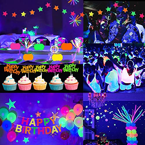 Neon Birthday Party Supplies 52 Pieces Glow Neon Party Decorations for Adults Kids,12 Inch Blacklight Party Balloons and Neon Paper Garland Banner,Cake Toppers,Table Cards,Silicone Wristbands