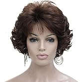 Kalyss 10" Short Curly Wavy Wig with Hair Bangs 100% Imported Premium Synthetic Fashion Brown Hair Wigs for Women (Dark Brown)