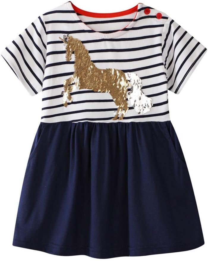 Girls Casual Dress Short Sleeve Cotton Summer Winter Top Outfit Tunic T Shirt Applique Dress