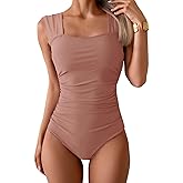 B2prity Womens One Piece Swimsuit Retro Square Neck Tummy Control Bathing Suits Ruched Modest Full Coverage Swimwear