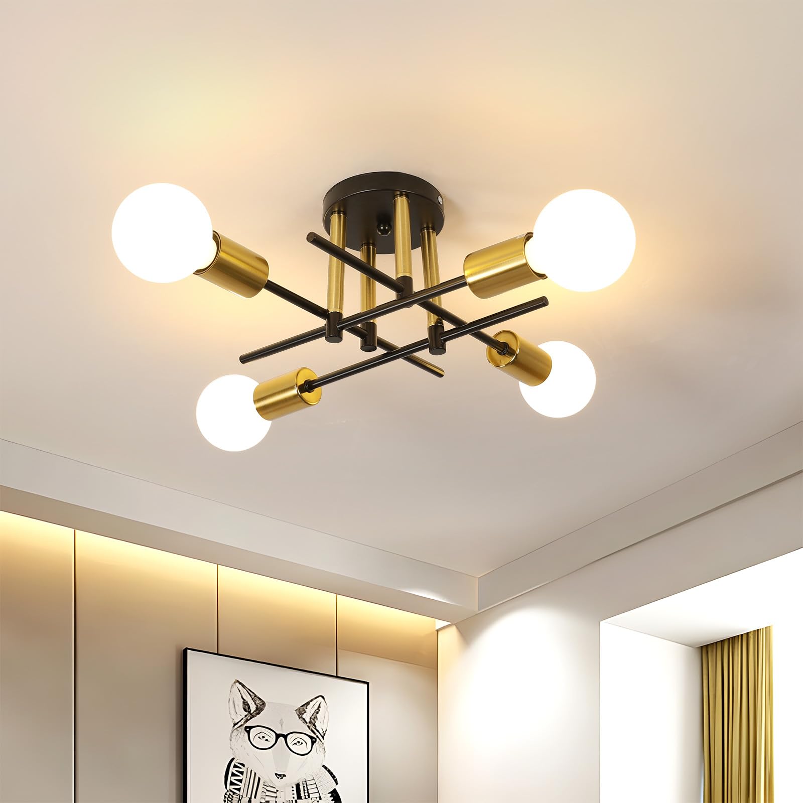 Pheashine Modern Chandeliers Ceiling Lights Living Room, 4-Light Semi Flush Mount Ceiling Lights with E27 Base, Industrial Vintage Ceiling Lighting Fixture for Kitchen, Bedroom, Dining Room