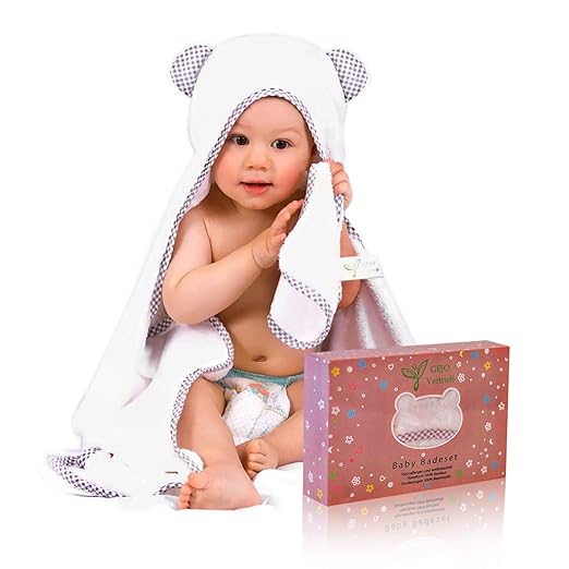 Kapuzenhandtuch Baby, 100% Bambus, weiß/grau, Baby Handtuch für Neugeborene 100x70cm + GRATIS Waschlappen, Baby Erstausstattu