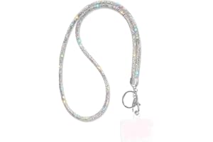 GLOBAL SHOPPER Fashion 34.8'' Sparkle All Round Strap Crystal Neck Lanyard,Exclusive Bling Work Name Card Holder,Rhinestone Cellphone Necklace ID Badge Reel Clip for Women,Bonus Cellphone Safety Tab(AB White,1PC)